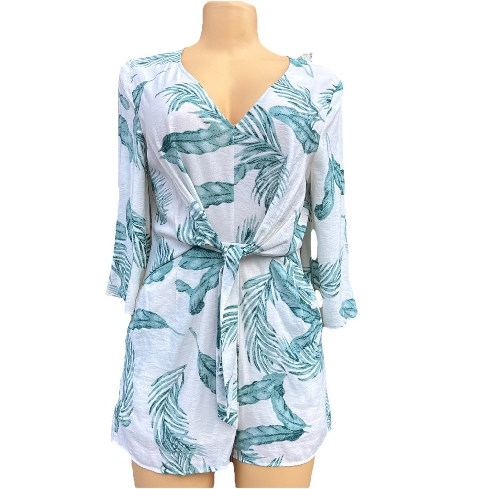 VICI Romper Women S Beige Leaf Tropical Smocked Waist Ruffle Vacation Resort